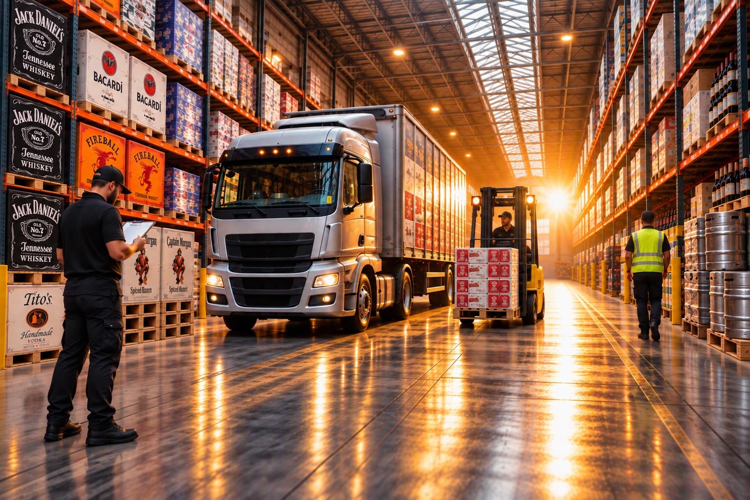 Warehouse with a delivery truck and product pallets